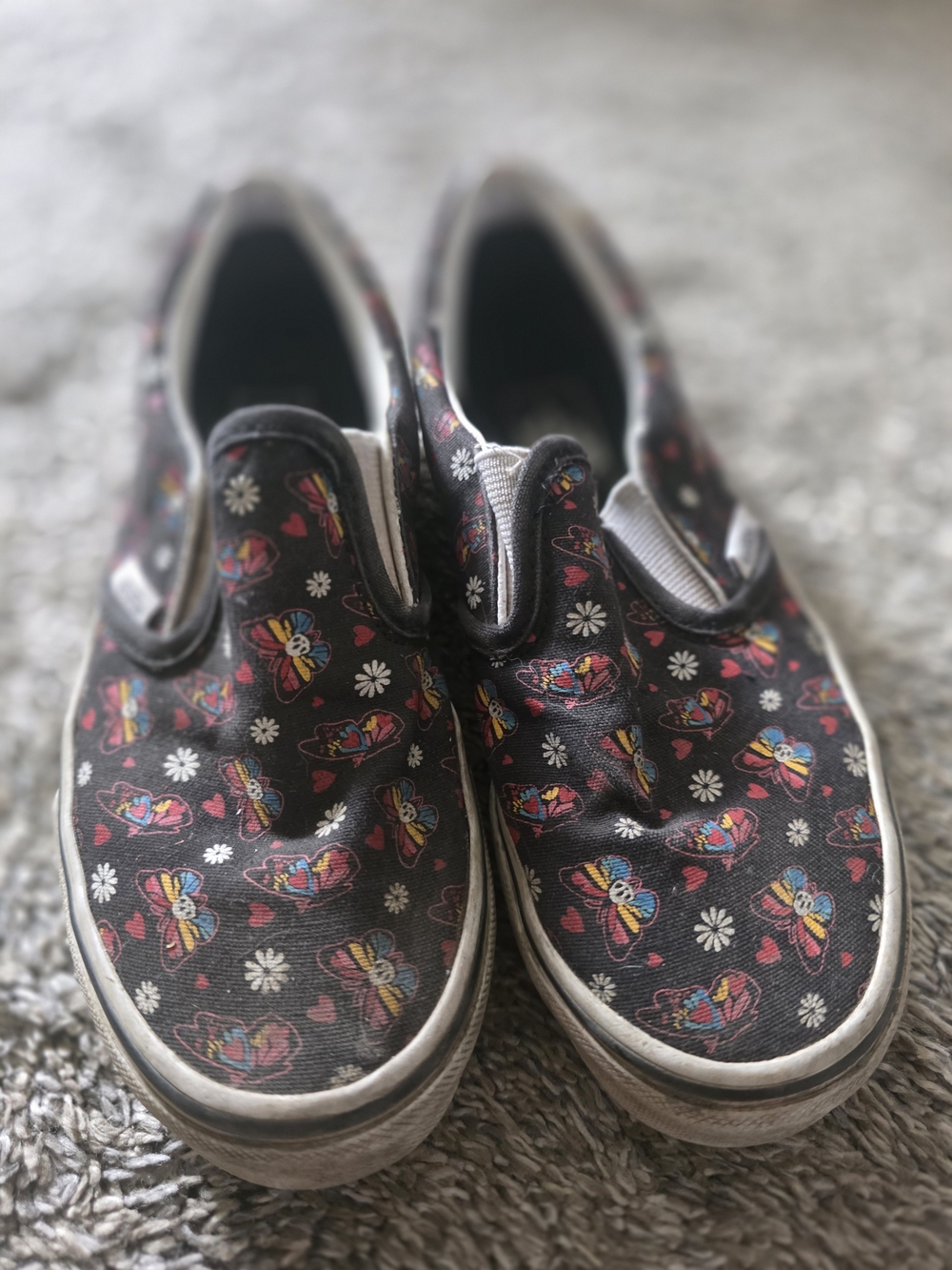 Kids Vans Slip-On Canvas Shoes with Colorful Skull Butterfly Print - Black